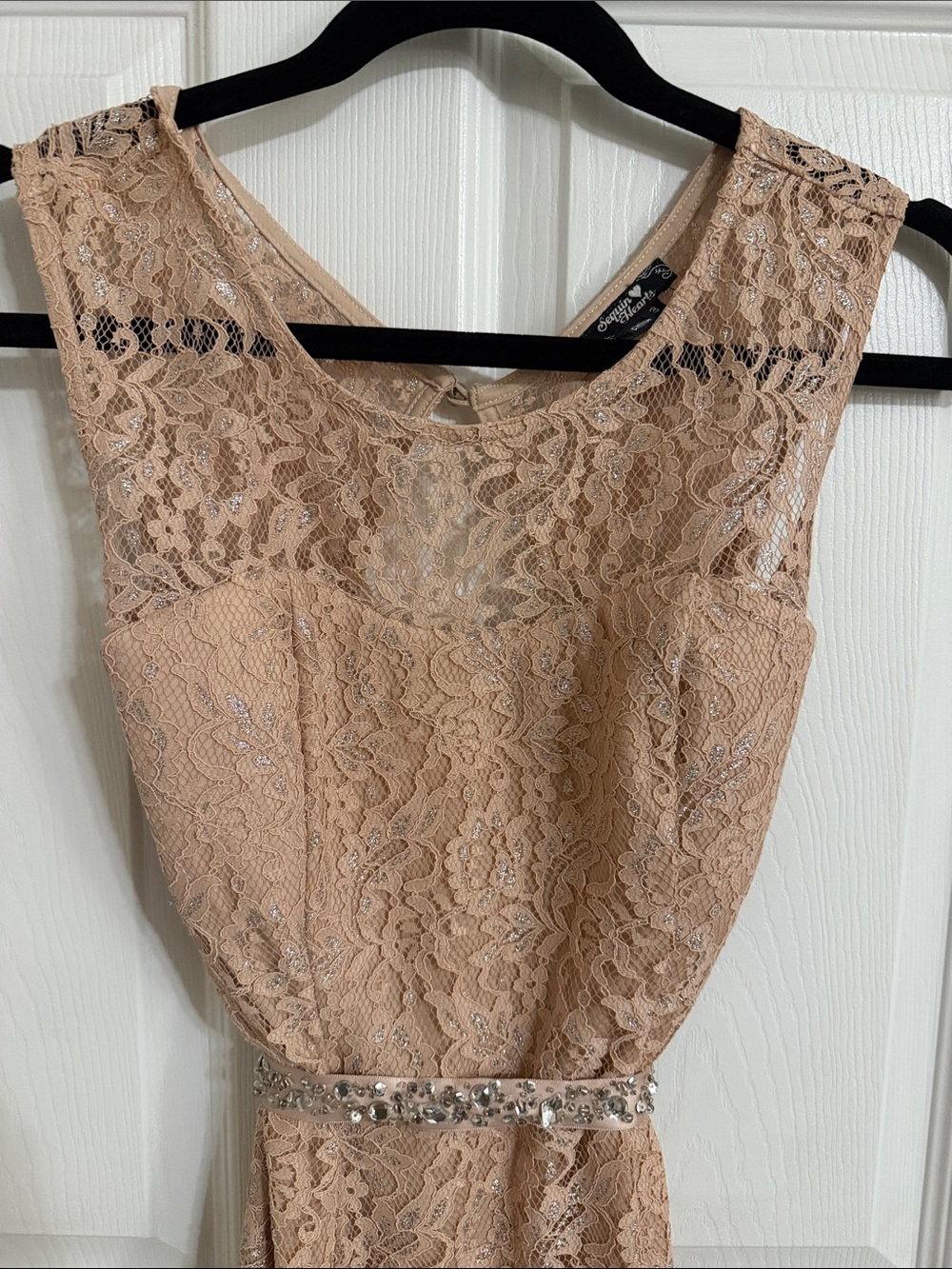 Sleeveless Lace Midi Dress in Blush with Embellished Waist